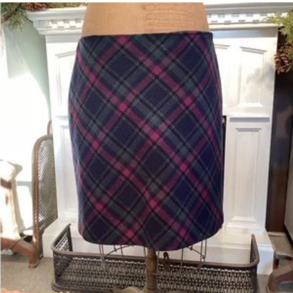 Talbots Plaid Mini Skirt - Pink and BlueTalbots wool midi plaid skirt like new.